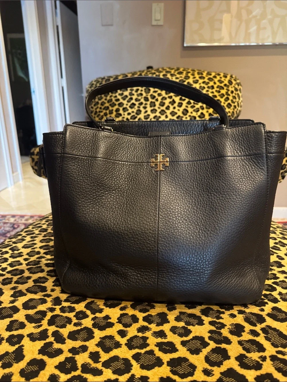 Tory Burch Black Pebbled Leather Satchel with Gold Logo